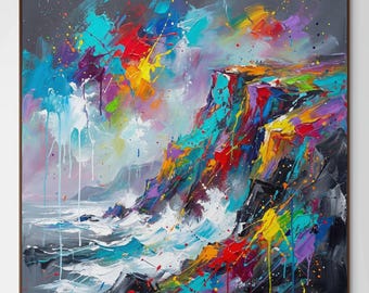 Irische Küste Digital Art Print - Lebendige abstrakte Seelandschaft, sofortiger Download, Küstenwanddekor
