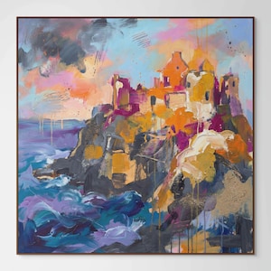 Dunluce Castle Abstract Art Print – Bold Coastal Northern Ireland Wall Decor, Vibrant Ocean Cliff Landscape, UK Travel Gift, Irish Painting