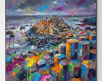 Giant's Causeway Abstract Print – Colourful Northern Ireland Digital Wall Art, Vibrant Basalt Columns Landscape Decor