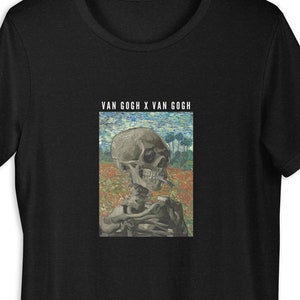 May include: Black t-shirt with a graphic print of a skeleton smoking a cigarette in a field of flowers. The text "VAN GOGH X VAN GOGH" is printed above the image.