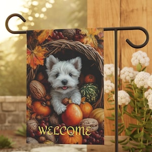 Westie höstträdgårdsflagga, höstträdgårdsflaggapresent, Thanksgiving-middagspresent, höstpresent, Thanksgiving-gräsmattaflagga, Westie höstgräsmattabanderoll