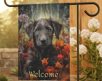 Chiot lévrier irlandais dans une bannière printanière de jardin et de maison, drapeau de jardin lévrier irlandais, cadeau pour amoureux des lévriers irlandais, cadeau pour propriétaire de lévrier irlandais