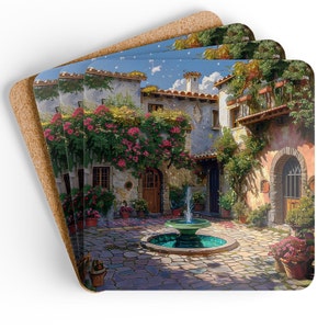 Italian Courtyard Corkwood Coaster Set, Italy Lover Coaster Set, Italy Vacation Coaster Gift, Italian Traveler Gift, Italian Honeymoon Gift