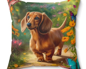 Puede incluir: Un perro salchicha marrón con una cola larga se encuentra en un campo de flores amarillas y hierba verde. Mariposas de varios colores vuelan alrededor del perro.