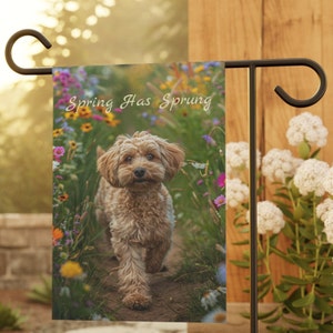 Puede incluir: Una bandera de jardín con un perro marrón y blanco caminando por un campo de flores coloridas. El texto "Spring Has Sprung" está impreso en la bandera.