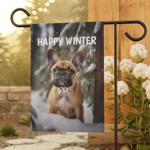Französische Bulldogge Welpen Winter Garten & Haus Banner, Frenchie Wintergarten Flagge, Frenchie Wintergarten Flagge Geschenk, Frenchie Liebhaber Geschenk,