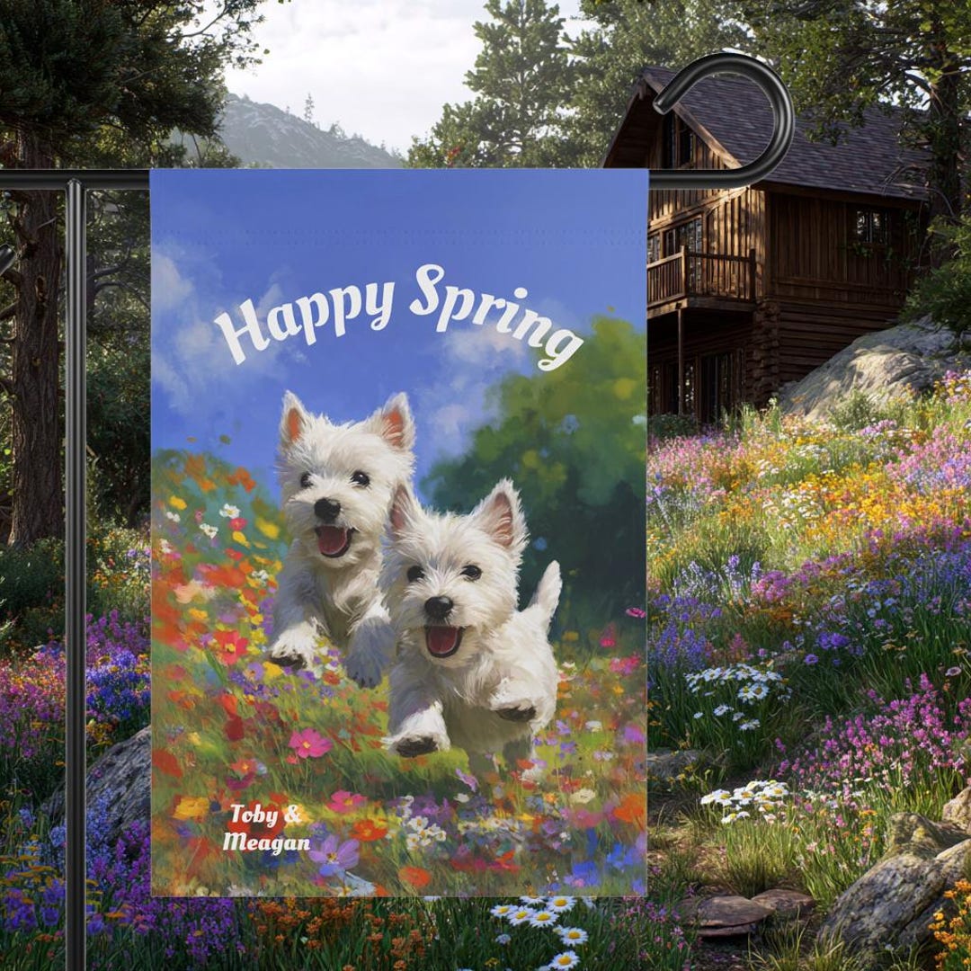 Playful Westie Puppies Spring Wildflowers Banner, Garden & House Banner ...