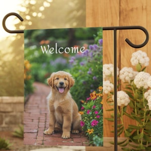 Golden retriever filhote de cachorro primavera jardim e faixa de casa, 12x18 pol., bandeira de jardim golden retriever, presente de bandeira de jardim golden retriever