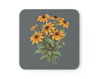 Korkholz-Untersetzer-Set, vier Untersetzer, Black-Eyed Susan Untersetzer-Set, Black-Eyed Susan Untersetzer-Set Geschenk, Gärtner Geschenk