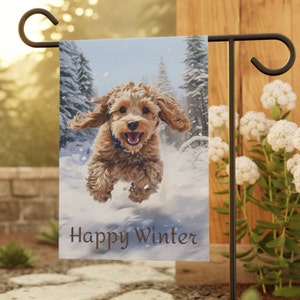 Cockapoo Puppy in Winter Garden & House Banner, Cockapoo Garden Flag, Cockapoo Lover Gift, Cockapoo Owner Gift