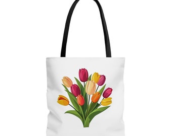 Torba typu tote z tulipanami, torba z tulipanami, biała torba z tulipanami, torba prezentowa z tulipanami, trzy rozmiary