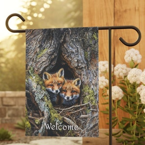 Fox Pup Garden & House Banner, 12x18 in, Fox Garden Flag, Fox Winter Garden Flag Gift, Wildlife Garden Flag, Wildlife Winter Garden Flag
