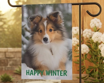 Shetland Sheepdog Puppy Winter Garden & House Banner, Sheltie Winter Garden Flag, Sheltie Winter Garden Flag Gift, Sheltie Lover Gift,