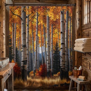May include: A shower curtain featuring a forest scene with tall white birch trees, golden yellow autumn leaves, and dark green pine trees. The ground is covered in dry brown grass and small red bushes, with a distant view of blue mountains.