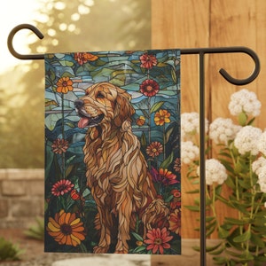 Bandeira de jardim de vitral Golden Retriever, bandeira dourada, decoração de jardim dourado, presente de amante dourado, bandeira de jardim de amante dourado, presente de proprietário dourado