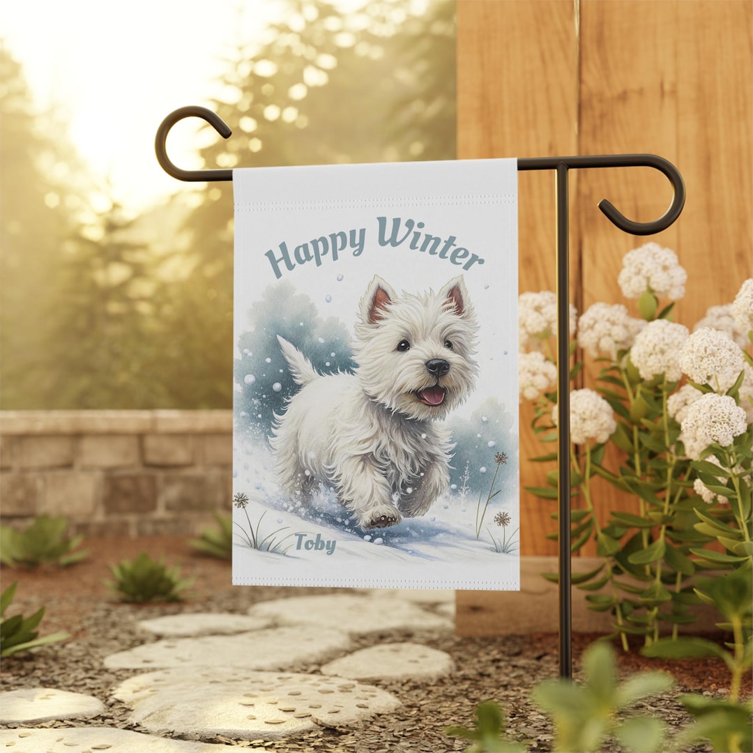 Westie Puppy Running in Snow Garden & House Banner, Personalized Pet ...