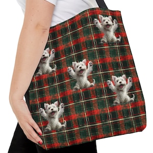Westie Tote on a Tartan Background, Gift for Westie Lover Tote Bag for Westie Owner Gift Tote Bag for Westie Lover Gift Tote Bag