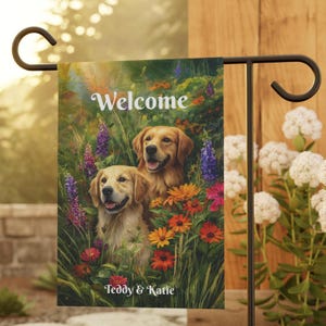 Bandeira de jardim personalizada para Golden Retriever, bandeira de boas-vindas para Golden Retriever, presente para amantes de Golden Retriever, presente para proprietários de Golden Retriever, bandeira de verão dourada