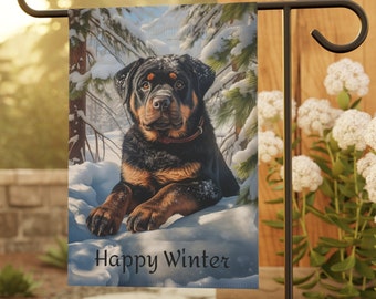 Rottweiler Puppy in Winter Garden & House Banner, Rottweiler Garden Flag, Rottweiler Lover Gift, Rottweiler Gift, Rottweiler Puppy Gift