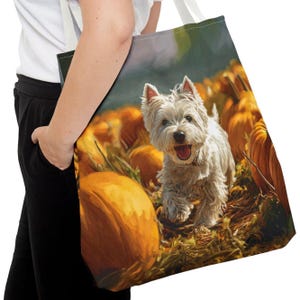 Fall Westie Tote Bag, Three Sizes, Westie Owner Gift, Westie Lover Gift, Fall Lover Gift, Vet Gift, Dog Walker Gift, Artistic Westie Gift