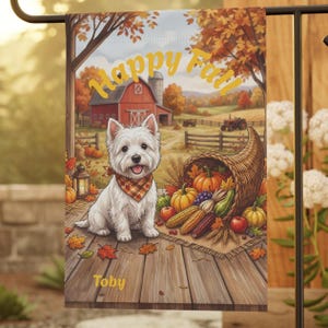 Bandera de jardín personalizada para Westie de otoño, decoración de césped para perros con temática de cosecha otoñal, pancarta de jardín con cornucopia de granja, regalo personalizado para mamás perrunas, regalo para amantes de los Westies