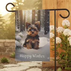 Yorkie in Winter Garden & House Banner, Yorkie Garden Flag, Yorkie Lover Gift, Yorkie Owner Gift, Yorkie Gift