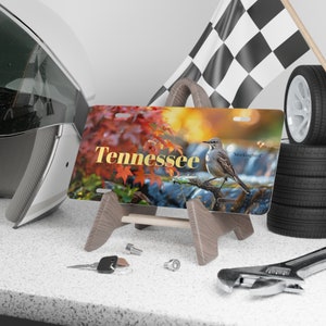 May include: A decorative license plate featuring a colorful autumn scene with a mockingbird perched on a branch. The plate reads "Tennessee" in gold lettering and "Mockingbird" in smaller white lettering.