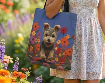 Borsa a tracolla con motivo Yorkshire Terrier che corre tra i fiori selvatici, arte floreale per cani, borsa a tracolla con motivo Yorkshire Terrier, regalo per il proprietario di Yorkshire Terrier, adorabile borsa a tracolla per cucciolo