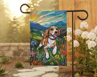 Beagle Stained Glass Style Garden & House Banner, Beagle Garden Flag, Beagle Lover Gift, Beagle Owner Gift, Beagle and Flowers Flag