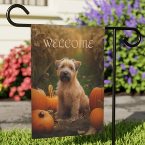 May include: A welcome garden flag with a brown and white dog sitting in front of pumpkins. The flag has the word "WELCOME" printed on it.