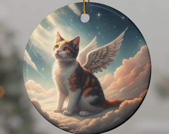 Ceramic Cat Memorial Ornament, Double-Sided Calico Cat Angel Wings, Personalized Pet Loss Gift, Remembrance Decoration, Cat Memorial