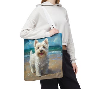 Westie on the Beach Tote Bag, Three Sizes, Westie Owner Gift, Westie Lover Gift, Beach Lover Gift, Vet Tech, Gift, Dog Walker Gift, Vet Gift
