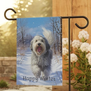 Old English Sheepdog Winter Garden and House Banner, Sheepdog Winter House Banner Gift, Sheepdog Lover Gift, Sheepdog Owner Gift