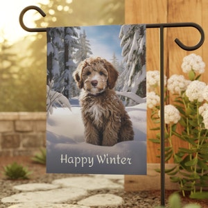 Labradoodle in Winter Garden & House Banner, Labradoodle Garden Flag, Labradoodle Lover Gift, Labradoodle Owner Gift, Labradoodle Gift