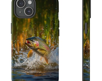 Jumping Trout Tough Phone Cases for iPhone, Samsung, or Google Pixel, Tough Phone Cases, Tough Phone Case Gift, Fly-Fisher Gift