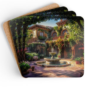 Italian Courtyard Corkwood Coaster Set, Italy Lover Coaster Set, Italy Vacation Coaster Gift, Italian Traveler Gift, Italian Honeymoon Gift
