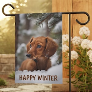 Dachshund Puppy Winter Garden & House Banner, Dachshund Winter Garden Flag, Dachshund Winter Garden Flag Gift, Dachshund Lover Gift,