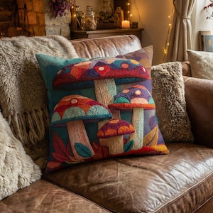 Colorful Toadstools Thread Painting Pillow, Spun Polyester Square Pillow