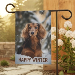 Longhaired Dachshund Winter Garden & House Banner, Dachshund Winter Garden Flag, Dachshund Winter Garden Flag Gift, Dachshund Lover Gift,
