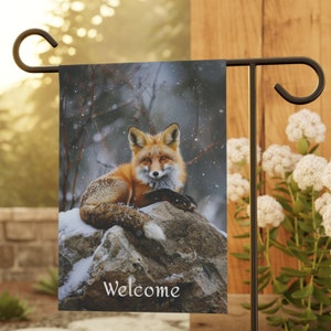 Fox Pup Garden & House Banner, 12x18 in, Fox Garden Flag, Fox Winter Garden Flag Gift, Wildlife Garden Flag, Wildlife Winter Garden Flag