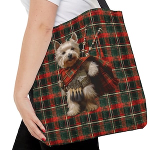 Westie Highlander Tote on a Tartan Background, Gift for Westie Lover Tote Bag for Westie Owner Gift Tote Bag for Westie Lover Gift Tote Bag