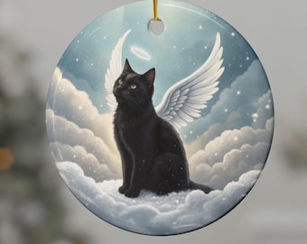 Ceramic Cat Memorial Ornament, Double-Sided Black Cat Angel Wings, Personalized Pet Loss Gift, Remembrance Decoration, Cat Memorial