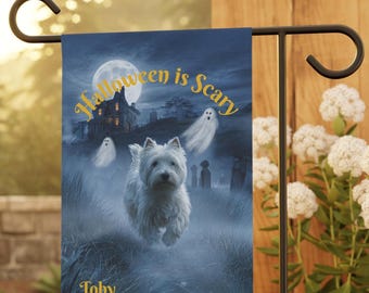 Bandeira de jardim personalizada para o Halloween com um Westie, Bandeira de Halloween, Presente exclusivo para amantes de animais de estimação, Decoração de jardim com Westie, Bandeira de gramado com Westie, Bandeira de gramado de outono