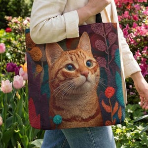 Bolsa de tela con diseño de gato atigrado pelirrojo, flores de primavera, regalo para amantes de los gatos, regalo para dueños de gatos, regalo para amantes de los gatos, regalo para amantes de los felinos
