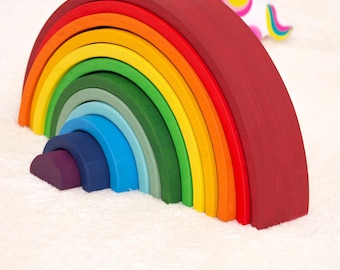 12pcs Grandes juguetes de madera apilador de arco iris, juguete de madera para niños, arco iris de madera hecho a mano, apilador natural, rompecabezas de anidación de bloques de construcción de madera