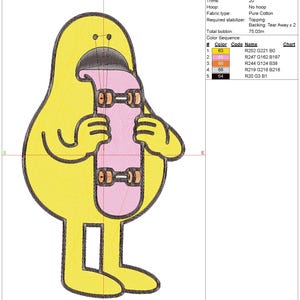 May include: Yellow cartoon character holding a pink skateboard. The design is an embroidery pattern, with the text "Design: kaykay dil. EMB" and technical details about the design, including height, width, and color codes.