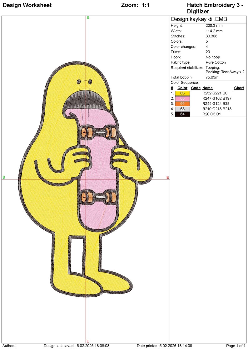 May include: Yellow cartoon character holding a pink skateboard. The design is an embroidery pattern, with the text "Design: kaykay dil. EMB" and technical details about the design, including height, width, and color codes.
