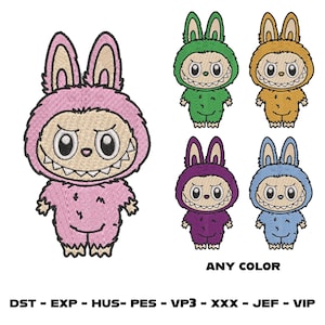 May include: Embroidered designs of a cartoon monster in various colors: pink, green, tan, purple, and blue. Each monster has a bunny-like hood, a wide grin, and large eyes. The text "ANY COLOR" is below the images, along with file type abbreviations.