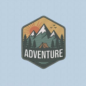 May include: A hexagonal patch featuring a mountain landscape with a rising sun, pine trees, and a tent. The word "ADVENTURE" is displayed in white block letters. The patch is set against a light blue background.