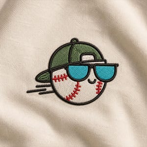 May include: An embroidered patch on a cream-colored fabric featuring a white baseball with red stitching. The baseball wears a green baseball cap and bright blue sunglasses, with a small black smile and three horizontal black motion lines.